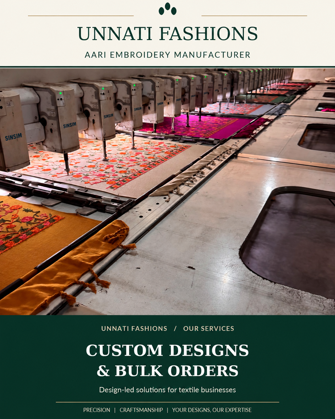 Unnati Fashions service poster: Custom designs & bulk orders. A row of embroidery machines working on different coloured fabrics.