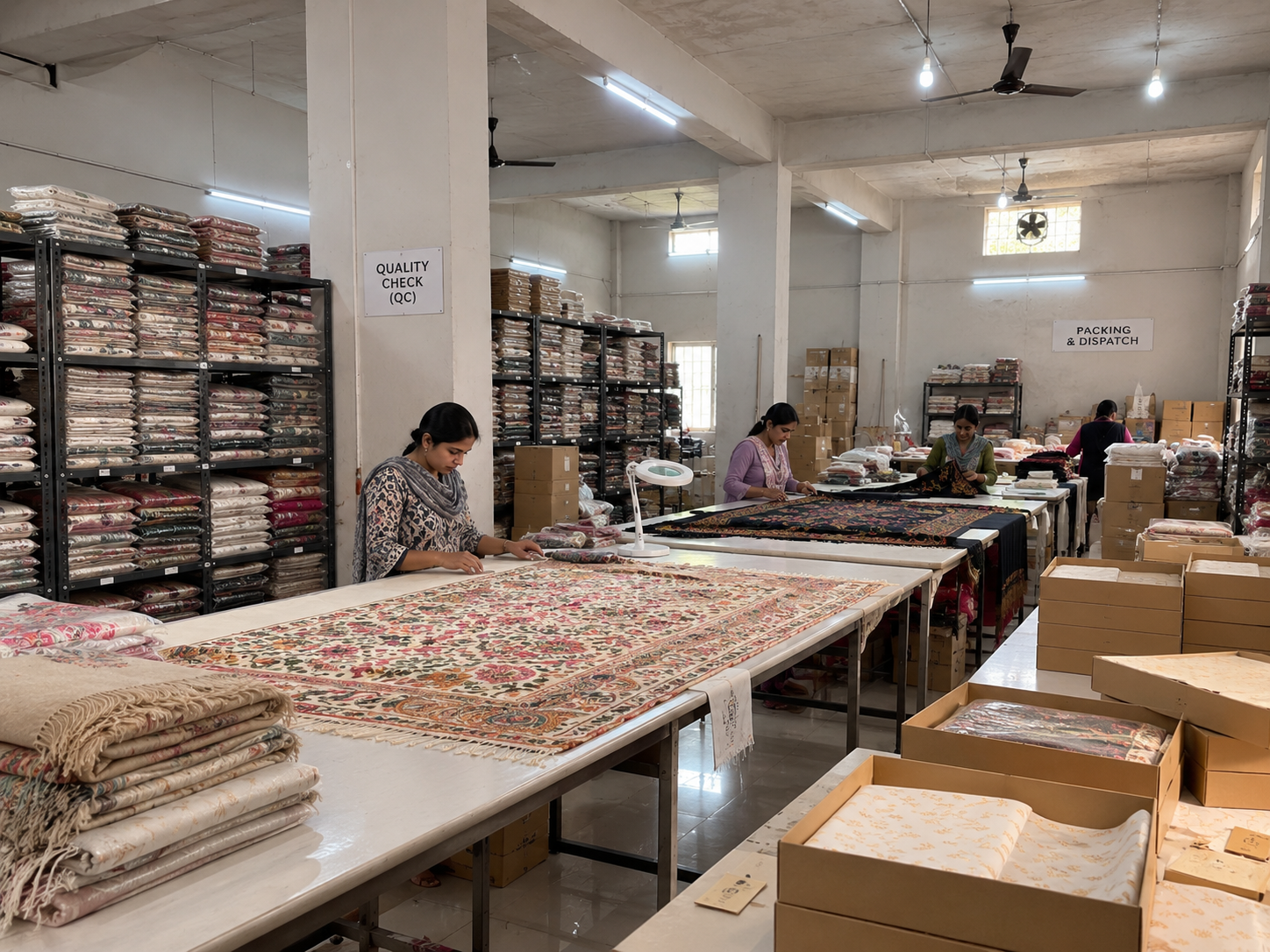 Team inspecting embroidered shawls on tables in the quality-check and packing area.